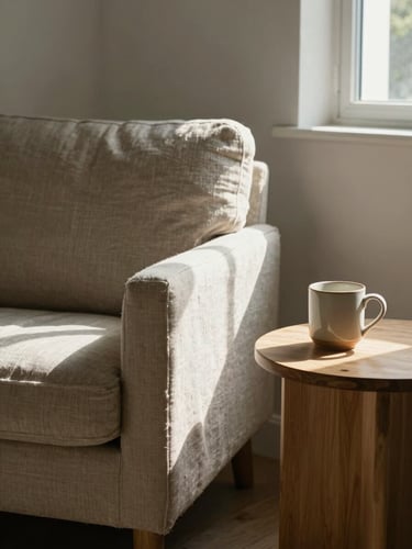 Sun-drenched interior corner with a linen armchair, a small light wood side table holding a ceramic mug, soft morning light filtering through a window.