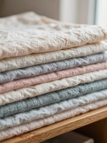Close-up of neatly folded pastel linen and cotton fabric swatches stacked on a wooden shelf, soft morning window light, shallow depth of field.