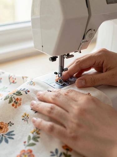 Hands carefully guiding a floral cotton fabric through a modern sewing machine, detailed macro shot of stitching, soft natural window light, warm tones, 35mm
