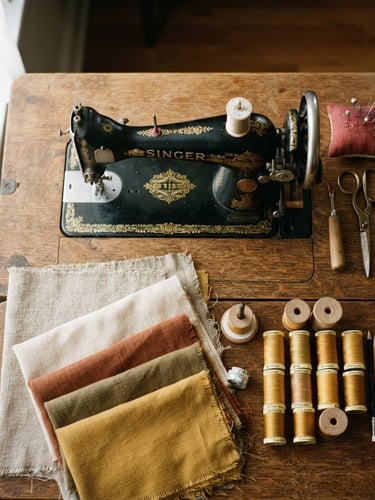 Overhead flat-lay of a wooden sewing table with linen fabrics, golden thread spools, and a vintage sewing machine under soft morning window light