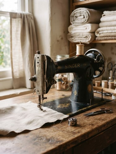Close-up of a vintage sewing machine on a wooden desk, warm morning window light casting soft shadows, neatly stacked linen rolls in the background, shallow depth of field, 35mm
