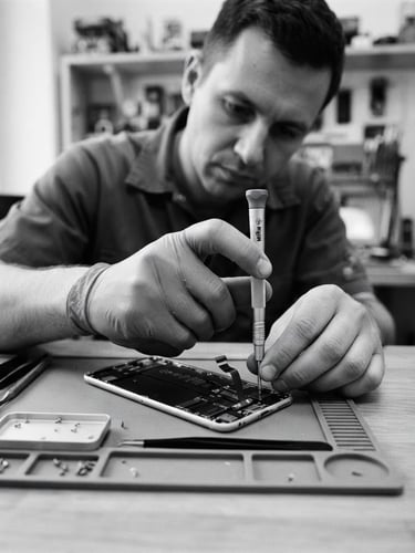Crisp documentary photography, high contrast black and white tones, macro detail of a technician's hands using a precision screwdriver to replace a phone screen, clean workspace with natural daylight, 35mm