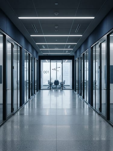 Wide panoramic modern corporate office hallway, symmetrical, cool diffused daylight, deep navy and slate tones, architectural symmetry, 35mm lens, no people
