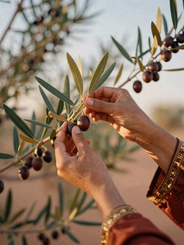 Portrait-oriented photograph of an Amazigh woman's hands gently harvesting argan fruit from a tree branch, golden hour sunlight, soft focus on the hands and fruit.