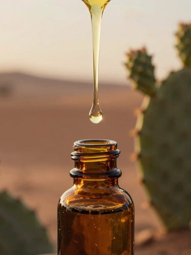 Close-up of golden prickly pear seed oil dripping into a small amber glass bottle, soft focus on the oil, warm golden-hour desert sunlight, shallow depth of field, rich terracotta and olive tones.