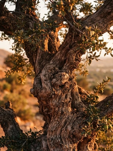 Close-up portrait of a gnarled argan tree in the Souss-Massa valley at golden hour, warm low-angle sunlight, shallow depth of field, rich terracotta and olive tones, 35mm film.
