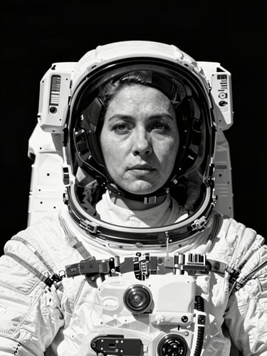 Dramatic high-contrast black-and-white portrait of a female commander astronaut, sharp technical details, dark background