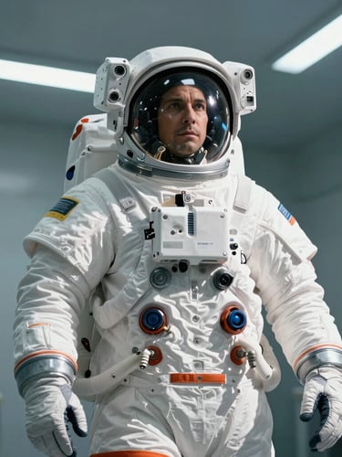 Low-angle heroic portrait of an astronaut in a high-mobility white and orange lunar spacesuit, standing in a high-contrast cleanroom under cool-toned LEDs, sharp technical details, 70mm cinematic aerospace photography.
