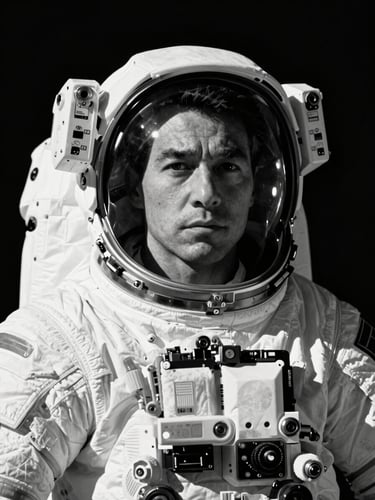 Dramatic high-contrast black-and-white portrait of a male pilot astronaut, direct vacuum sunlight lighting, high-contrast deep shadows