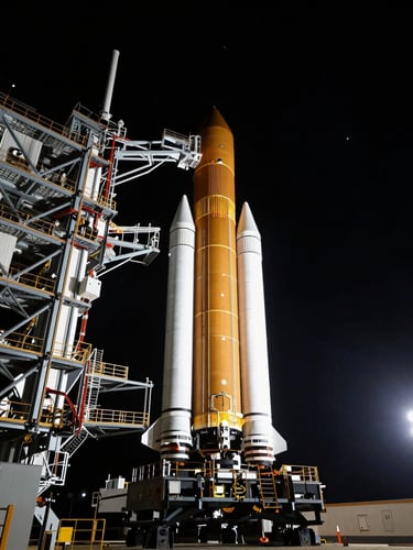 Low-angle heroic shot of the SLS launch stack on the pad at night, dramatic floodlights piercing deep space black sky, sharp technical details, 70mm cinematic aerospace photography.