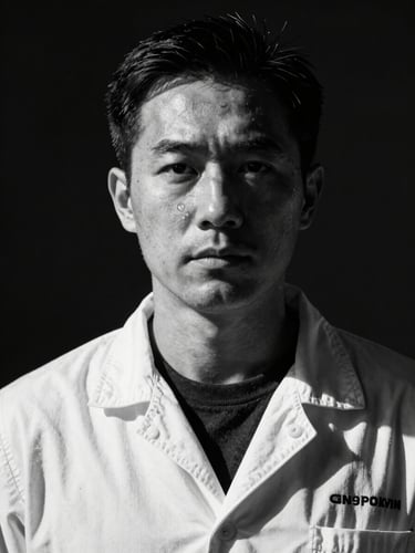 Dramatic high-contrast black-and-white portrait of a male specialist, harsh key lighting, dark background, 70mm cinematic
