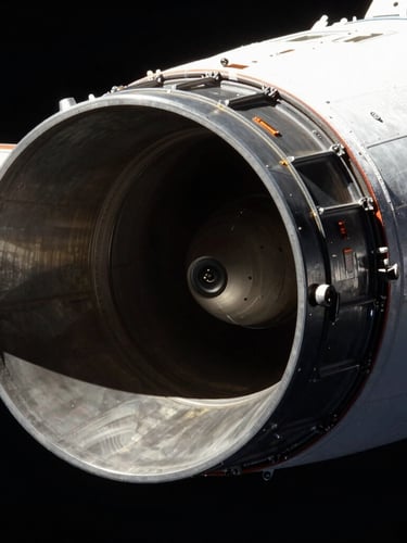 A close-up dramatic shot of the Orion spacecraft thruster nozzle in harsh direct sunlight of vacuum space, clean high-contrast deep shadows, 70mm cinematic aerospace photography
