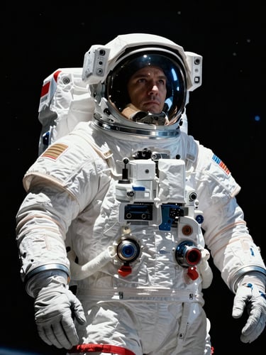 Low-angle heroic portrait of an astronaut in a modern white spacesuit, dramatic key lighting, high-contrast deep space black background, 70mm cinematic aerospace photography