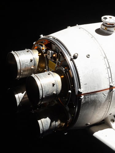 Macro technical detail of the Orion spacecraft thrusters and heat shield in extreme high-contrast key lighting, harsh direct sunlight of vacuum space, cinematic aerospace photography.