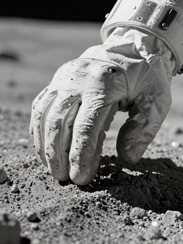 Extreme close-up of a high-fidelity lunar glove touching simulated regolith in a cleanroom, harsh key lighting, sharp technical details, 70mm