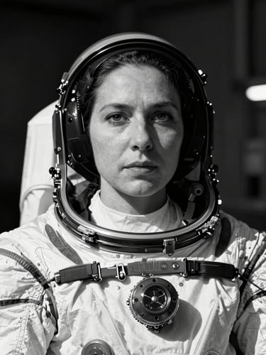 Dramatic high-contrast black-and-white portrait of a female mission specialist, cool-toned cleanroom lighting, dark background