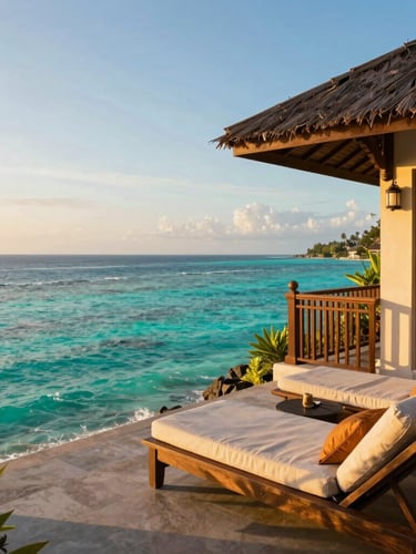 A luxury resort villa balcony overlooking a crystal-clear turquoise lagoon in Bali, warm golden-hour sunlight casting soft shadows, elegant outdoor lounge setup.