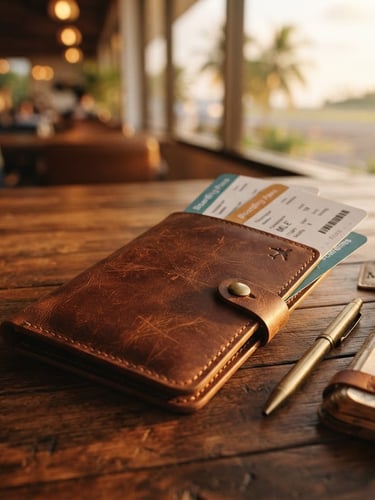 Close-up of a premium leather passport holder, boarding passes for a flight to Maldives, warm golden-hour light on a wooden travel desk, shallow depth of field, 35mm
