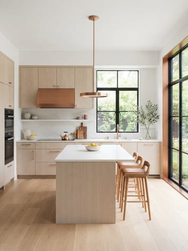 Straight-on architectural elevation of a modern kitchen, bright natural daylight streaming through large windows, minimalist white oak cabinetry, copper hardware details, sharp focus, 35mm