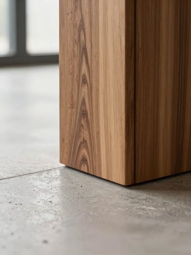 Tight detail crop of a custom walnut wood joint meeting a polished concrete floor, bright natural side light, architectural macro photography