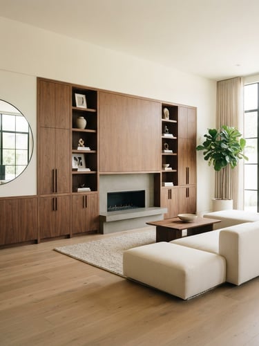 Straight-on architectural elevation of a modern minimalist living room with custom walnut cabinetry, bright natural daylight streaming through expansive windows, 35mm