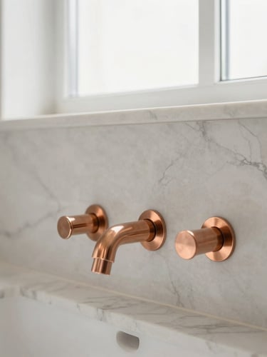 Tight detail crop of premium marble veins meeting custom copper fittings, warm minimalist tones, bright natural diffused daylight, sharp focus, high-end residential, 35mm