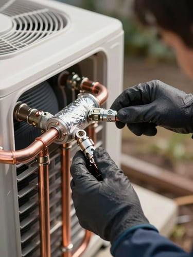 Close-up of a technician's gloved hands connecting copper refrigerant piping at a residential AC unit, natural afternoon job-site light, silver fittings and insulation visible in sharp detail
