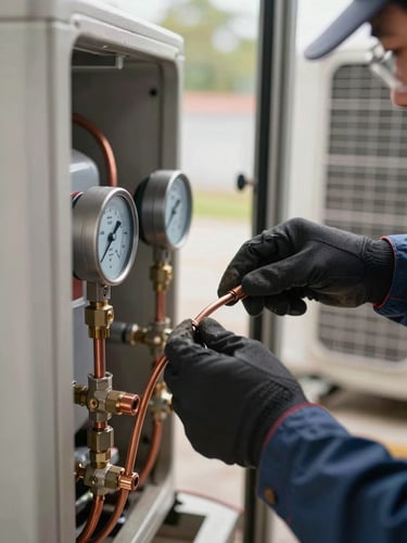 Close-up of a technician's gloved hands connecting copper refrigerant lines on a commercial condensing unit, natural job-site light filtering from an open equipment room door, gauges and fittings visible in sharp foreground detail