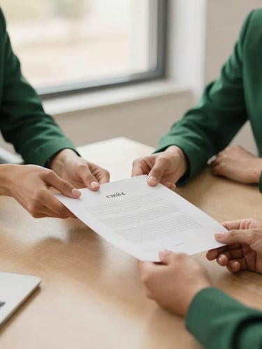 Medium-close shot of hands exchanging a signed document during a collaborative meeting, soft warm indoor lighting, focus on the details of the interaction, deep emerald and sand tones, modern office in Chía.