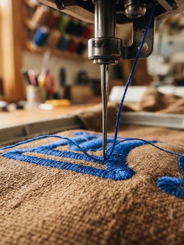 Macro shot of a heavy-duty embroidery machine needle stitching thick cobalt blue thread into brown canvas fabric, natural window light, warm workshop atmosphere, shallow depth of field, 35mm