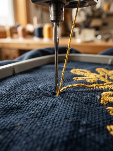 Macro shot of a heavy-duty embroidery machine needle piercing thick navy blue canvas, rich thread textures visible, warm natural window light
