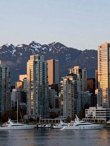 Cinematic wide-angle shot of Vancouver skyline at golden hour, luxury harbor with yachts, majestic snow-capped North Shore mountains in the background, soft warm sunlight reflecting off glass high-rises.