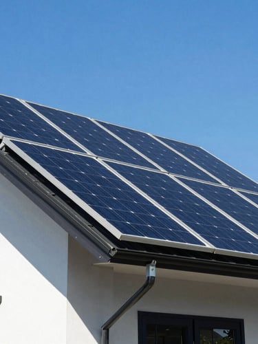 Crisp architectural photography of monocrystalline solar panels installed on a modern Indonesian residential home, bright direct sunlight, vibrant blue sky, sharp focus, clean metallic brackets visible.