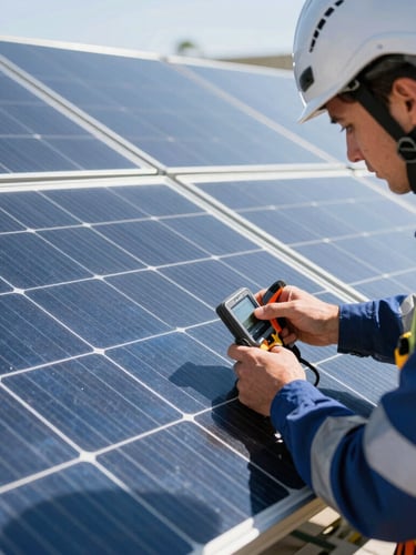 Close-up of a professional solar technician in clean safety gear and helmet, using a precise digital measurement tool on a pristine monocrystalline solar panel, bright direct sunlight, metallic reflections, sharp focus
