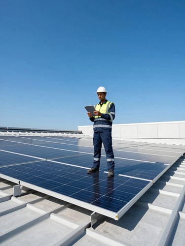 A professional solar technician in clean safety gear holding a tablet, standing on a modern rooftop with monocrystalline solar panels under bright direct sunlight, vibrant blue sky, crisp architectural photography.