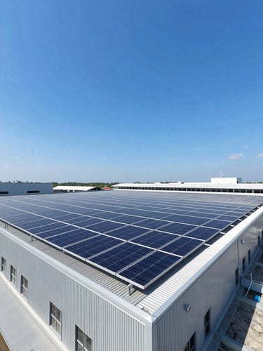 Wide-angle architectural photograph of a modern Indonesian factory rooftop with a massive, perfectly aligned solar panel array under a bright clear blue sky, clean metallic lines