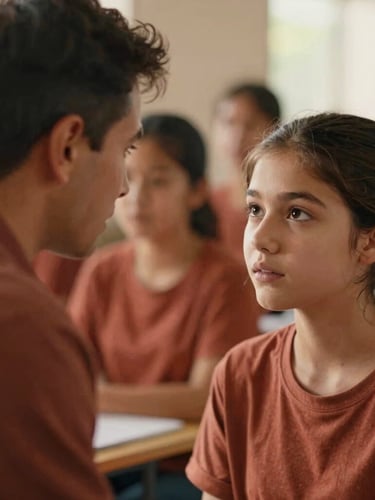 A candid close-up of a mentor listening intently to a teenage girl during a workshop, warm natural light, soft focus background, rich terracotta tones.