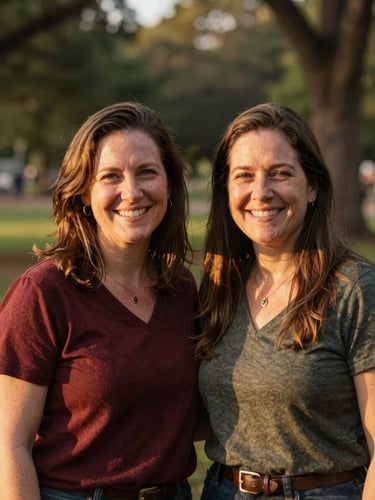 Candid portrait of two female community leaders smiling warmly in an outdoor Georgia park, soft golden-hour light, 35mm.