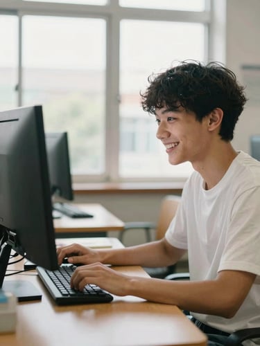 Candid medium shot of a student smiling at a computer screen in a bright classroom, warm natural window light, 35mm lens