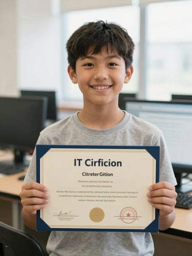 A young student proudly holding an IT certification certificate in a bright computer lab, smiling, authentic documentary style