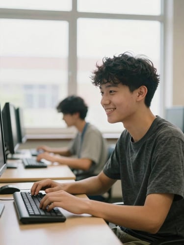 Candid portrait of a student smiling in a bright computer lab, hands on keyboard, warm window light, authentic documentary photography style.