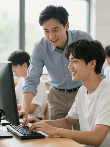 A smiling young adult student in a bright classroom, hands on a computer keyboard, looking up as a mentor guides them, warm natural lighting