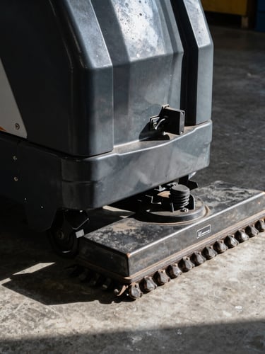 Low-angle heroic shot of a heavy-duty dark charcoal automatic sweeping machine on a textured concrete floor, dramatic side-lighting casting long shadows, sharp focus