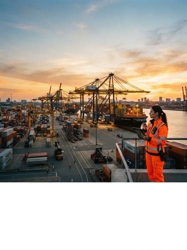 Wide panoramic shot of a modern container terminal at golden hour, cargo ships in the background, a professional logistics team member in the right third overseeing operations, sharp focus, cinematic lighting.