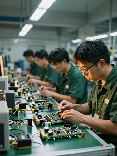 Professional KYBTRADE team member meticulously inspecting electronics on a factory floor in China, clean industrial studio lighting, sharp focus, cinematic logistics photography.