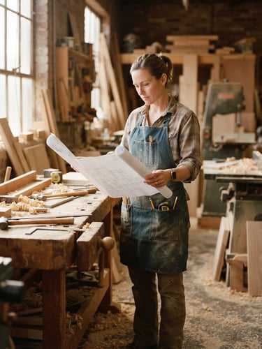 Medium-wide environmental portrait of a small business owner in a sunlit wood workshop, holding architectural plans, warm natural side-light, rich desaturated tones, shallow depth of field