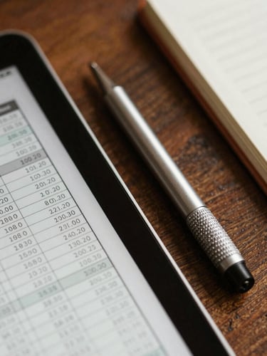 Close-up of tactile planning tools, a detailed financial spreadsheet visible on a tablet next to a notebook, warm natural side-light