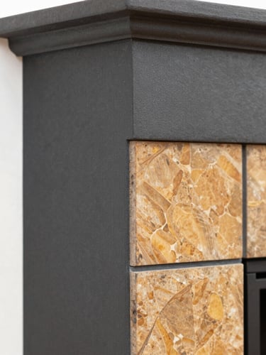 Close-up detail of clean, precise masonry joints on a fireplace, warm focused inspection lighting, sharp focus, 35mm lens.