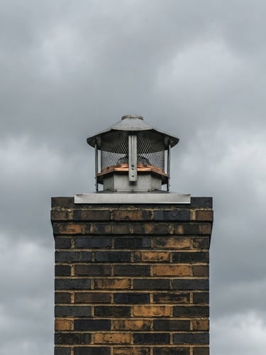 Sharp architectural shot of a clean chimney cap against an overcast New England sky, straight-on symmetrical framing, bright natural outdoor daylight, rich charcoal and warm amber tones, sharp focus, 35mm lens.