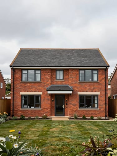 Wide environmental shot of a completed two-storey residential extension in the UK, red-brick facade with clean contemporary detailing, photographed straight-on under flat overcast British daylight, full building visible with garden foreground, no people